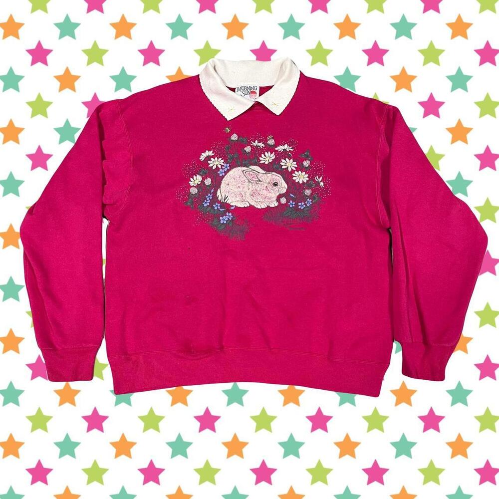 Vintage 90s Morning Sun white bunny rabbit sweater with collar